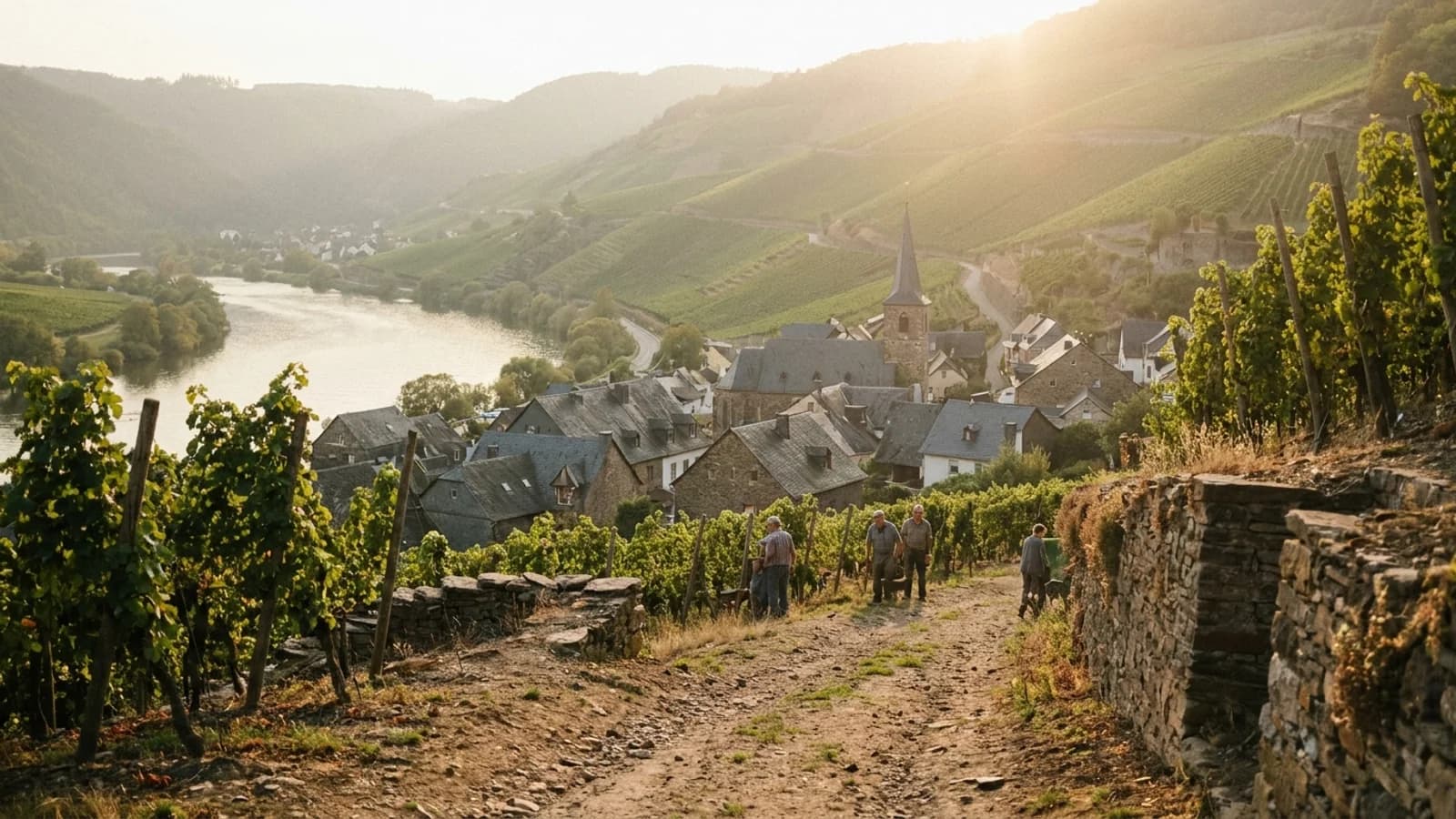 Steile Schieferterrassen an der Mosel mit Rebstöcken und Flussschleife im Morgennebel.