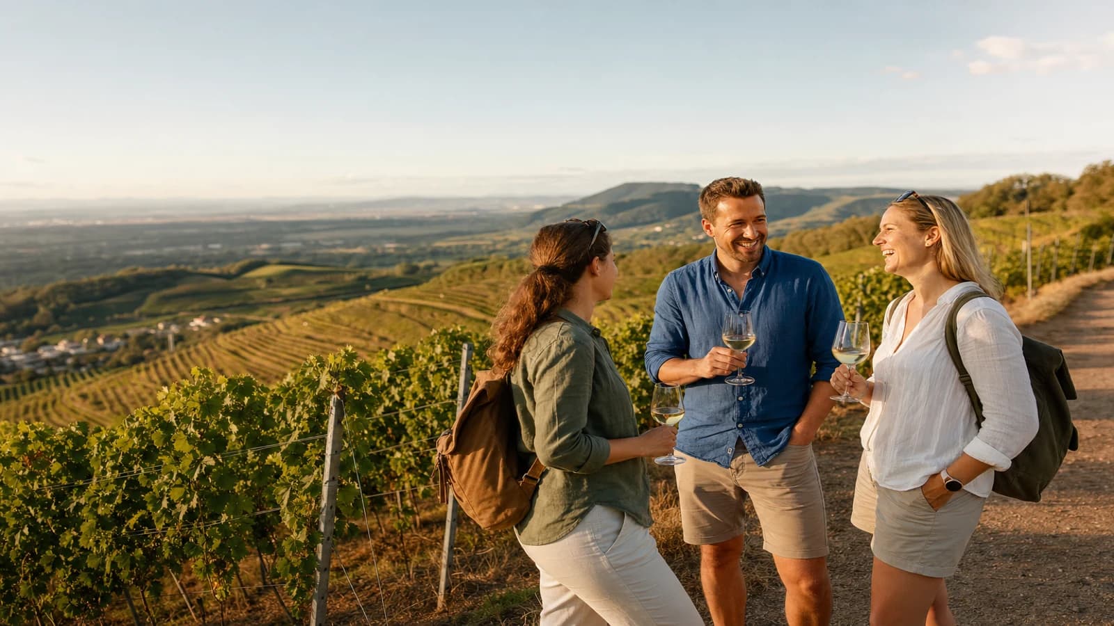 Weinberge an der Deutschen Weinstraße in der Pfalz bei warmem Abendlicht, sanfte Hügel und Rebstöcke.