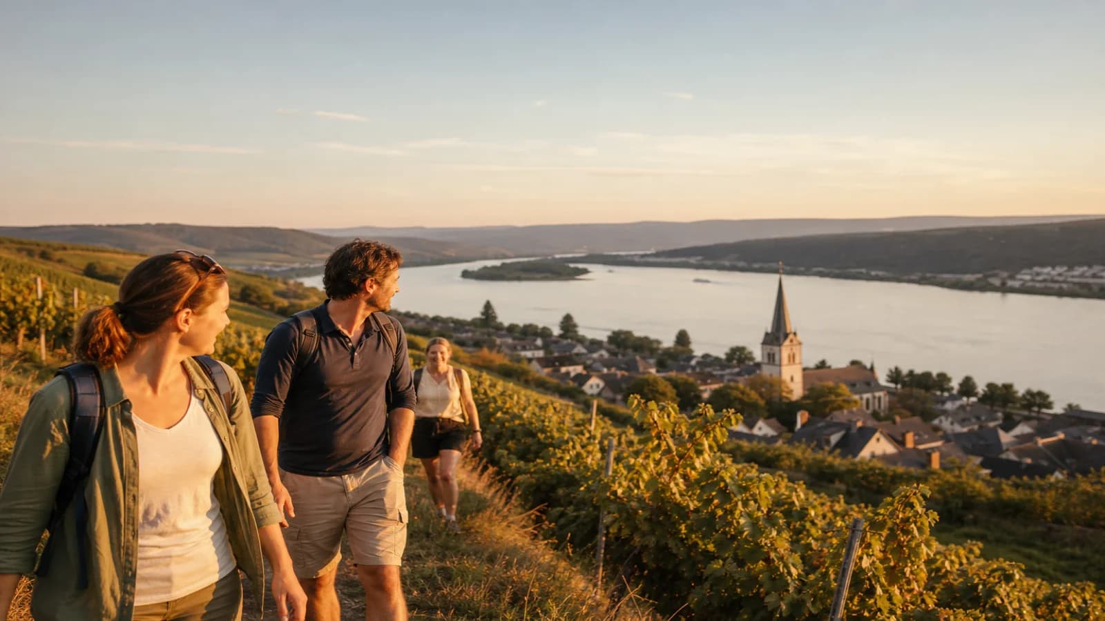 Rheingau-Weinberge am Rhein mit Blick auf sanfte Hänge und historische Weinorte.