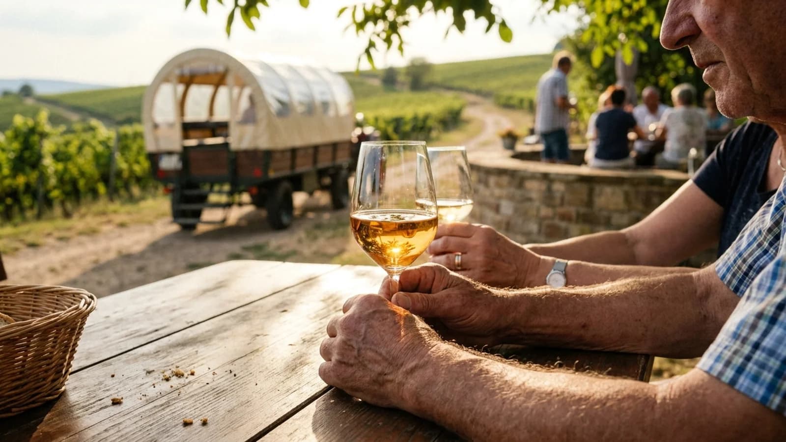 Weinberge in Rheinhessen bei goldenem Licht mit Blick auf sanfte Hügel und Rhein-Nähe.