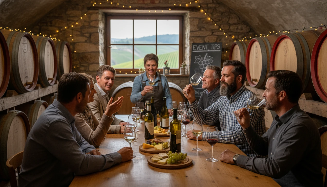 Gruppe von Menschen bei einer Weinprobe im Weingut