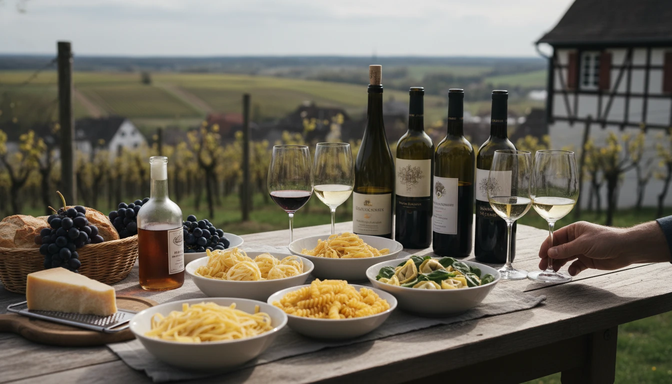 Verschiedene Pasta- und Weinsorten